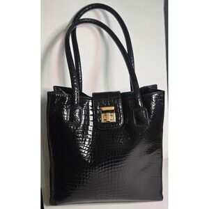 St. John Black Croc Embossed Patent Leather Tote Bag Gold Turn Lock Shoulder Bag